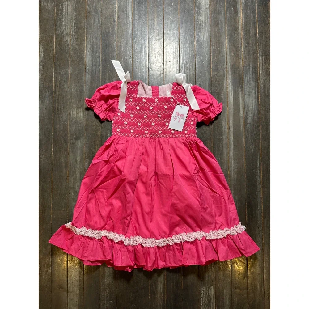 Carter's Closet Girls Hot Pink Smocked Bow Dress Lace Trim